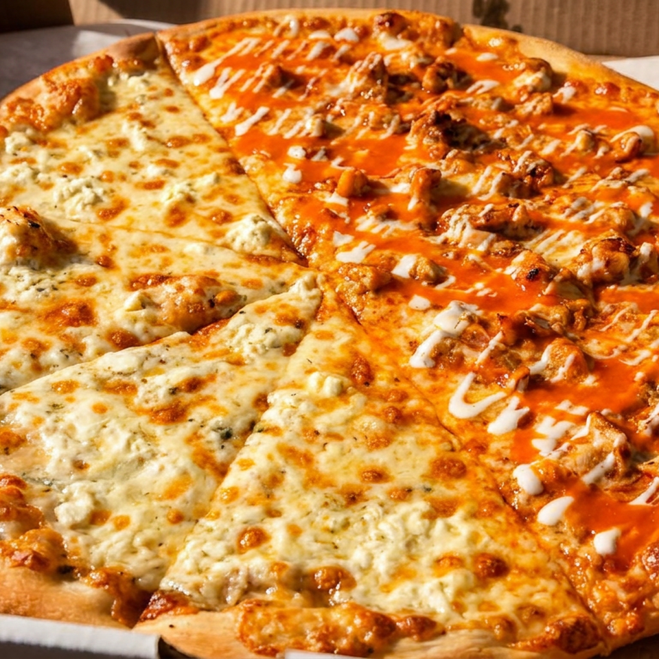 Half white pizza with ricotta and half buffalo chicken pizza with ranch drizzle in a box.