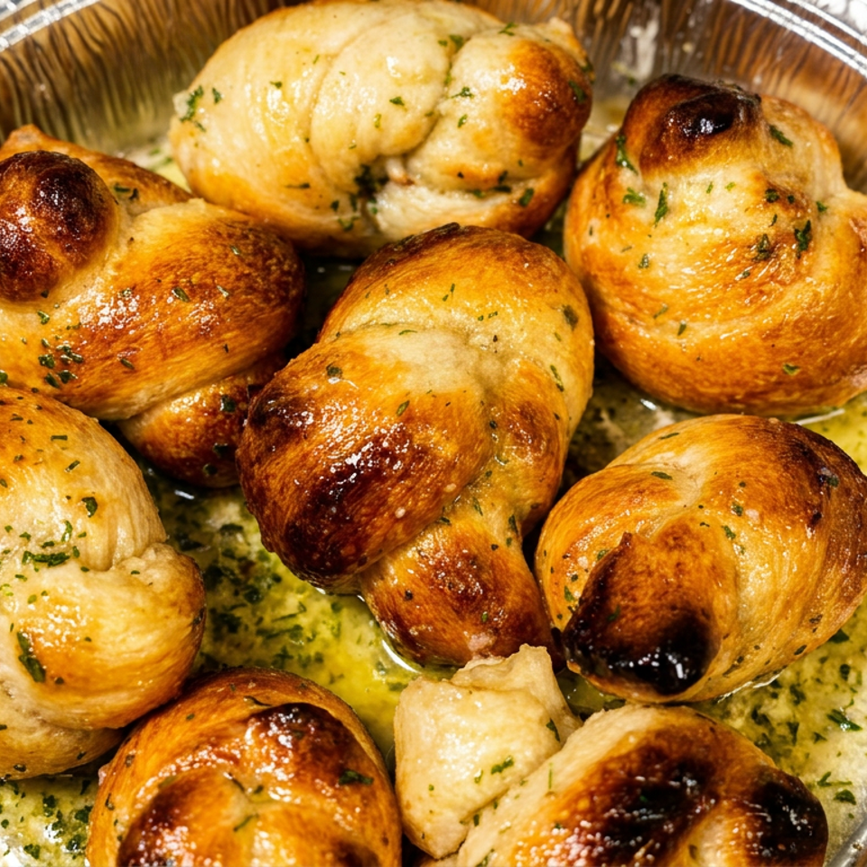 Golden-brown garlic knots with herbs and butter sauce in a silver foil container.