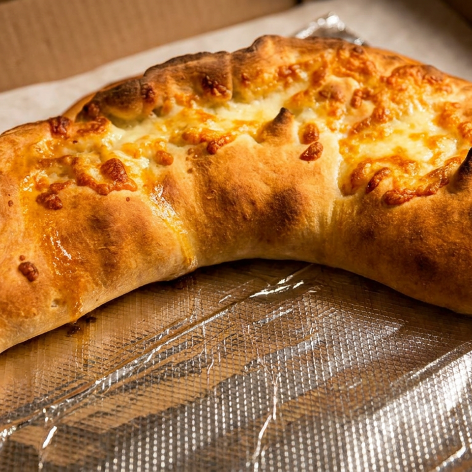A golden-brown calzone with melted cheese on top, resting in a pizza box lined with foil.