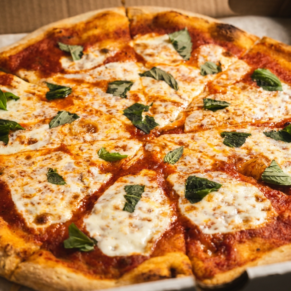 A freshly baked Margherita pizza with basil leaves and melted mozzarella cheese in a cardboard box.