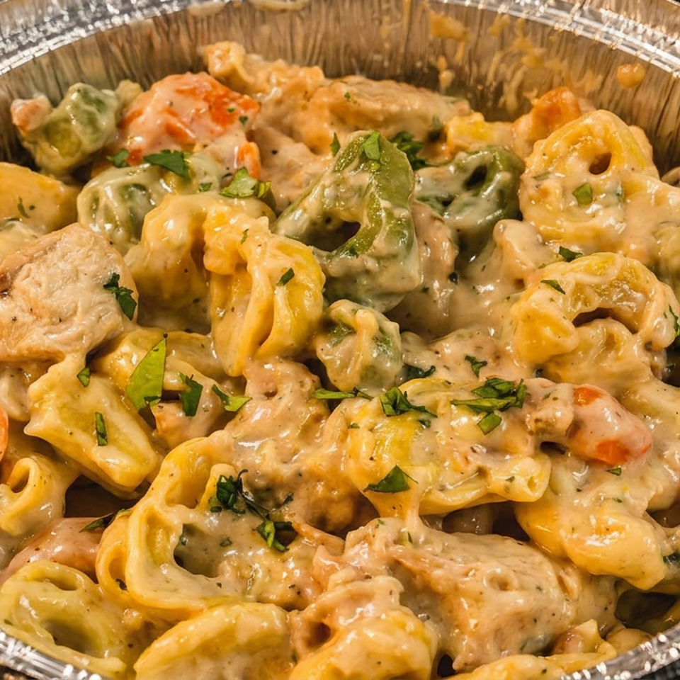 Colorful tortellini pasta with chicken and creamy sauce, garnished with parsley in a foil container.