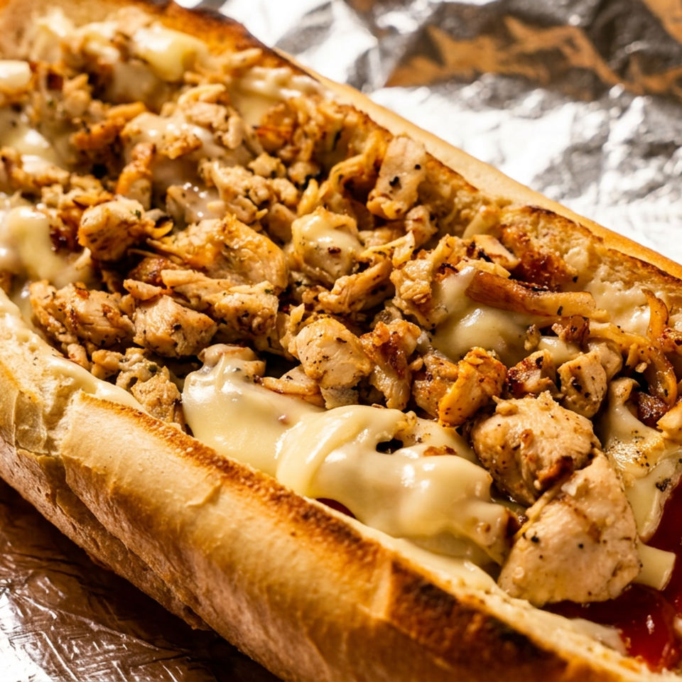 Close-up of a chicken cheesesteak sandwich with melted cheese and sauce on foil.